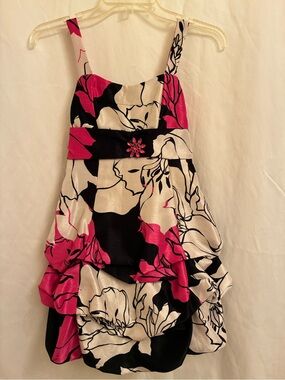 Girls' Pink Black & White Floral Tiered Party Dress